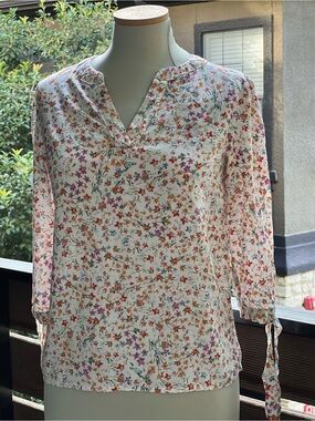 Floral V-Neck Lightweight Blouse — White with Pink & Orange Flowers